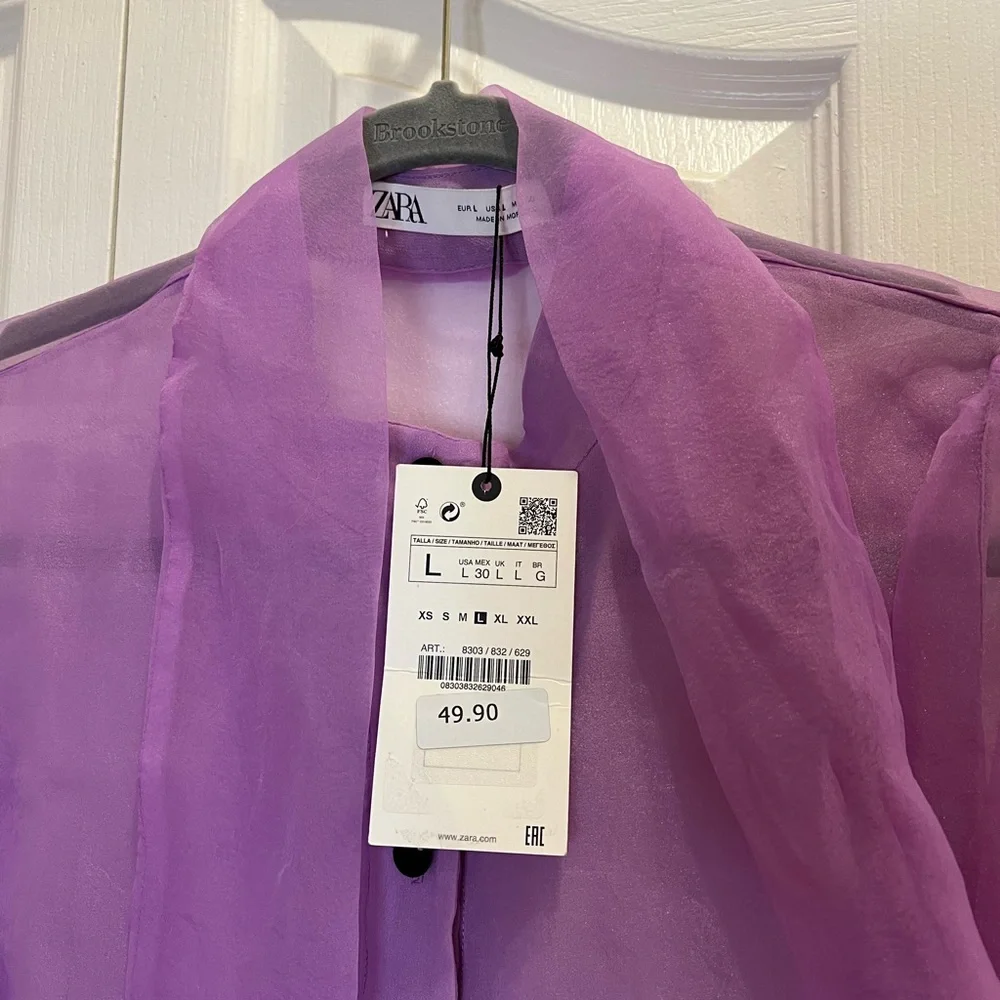 Zara Sheer Blouse with Bow- L - Picture 6 of 6